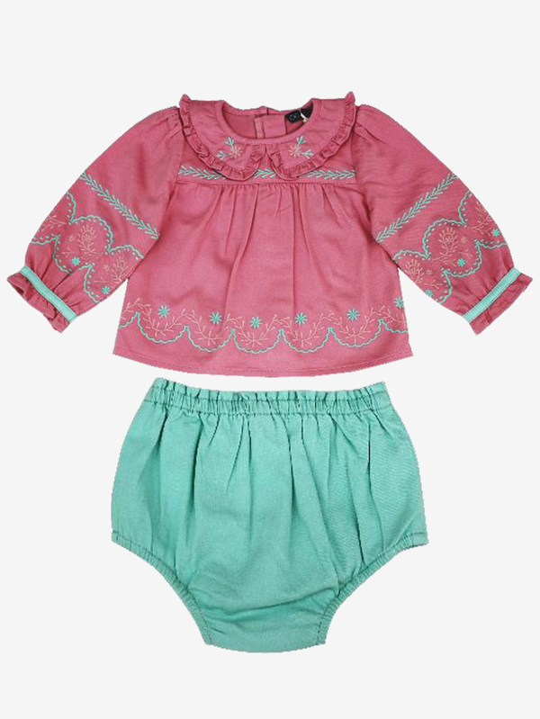Penny embroidered romper top and bloomer set